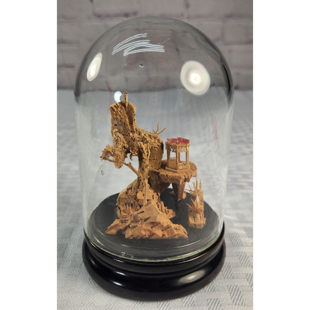 Chinese Hand Carved Cork Art Diorama Glass Dome Display San You Base Label